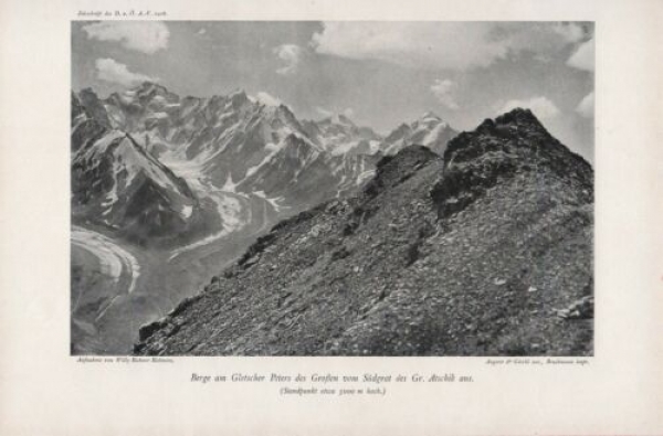 1908 - alter Druck - Berge am Gletscher Peters des Großen vom Südgrat des Gr. Atschik aus